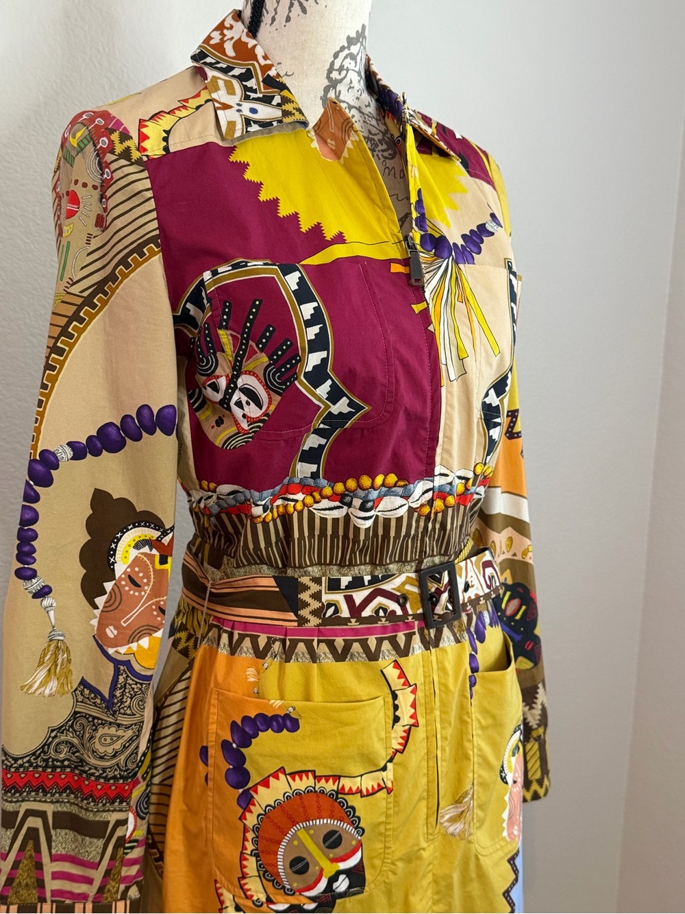 Etro Folk Mask Print Belted Cotton Shirt Dress IT 44 US 8 Made in Italy - Picture 4 of 10